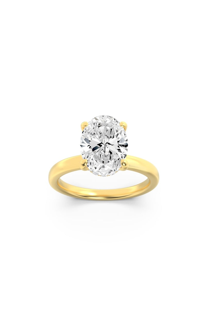3Cttw Oval Shaped Lab Grown Diamond (F/VS) HiddenHalo Plain Shank Engagement Ring in 14K Gold