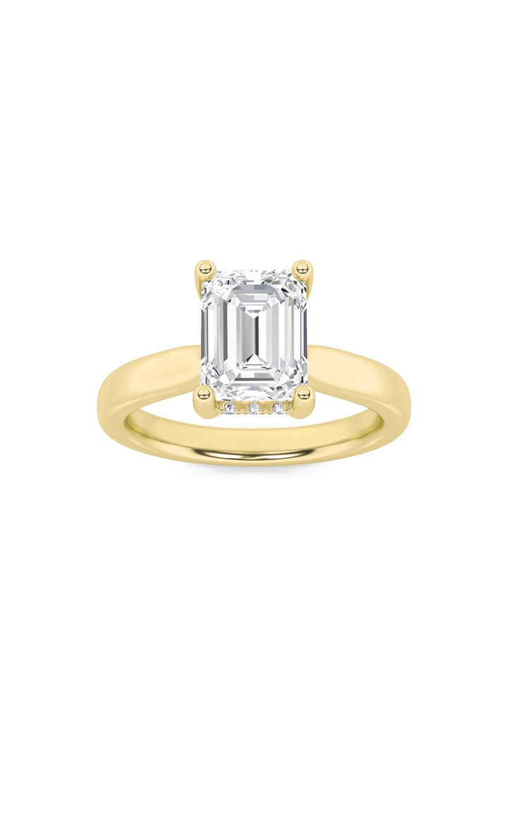 2Cttw Emerald Shaped Lab Grown Diamond (F/VS) Hidden Halo Cathedral Shank Engagement Ring in 14K Gold