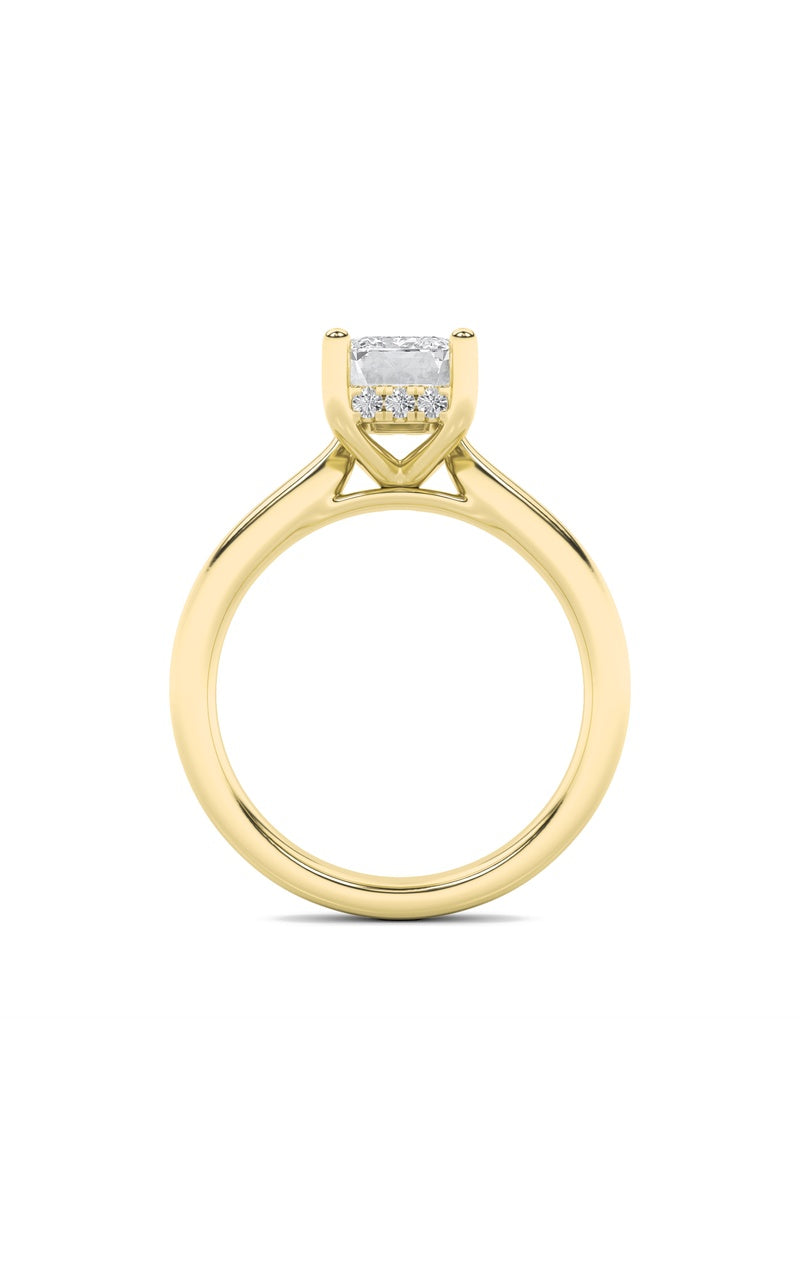 2Cttw Emerald Shaped Lab Grown Diamond (F/VS) Hidden Halo Cathedral Shank Engagement Ring in 14K Gold