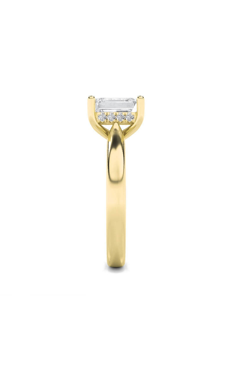 2Cttw Emerald Shaped Lab Grown Diamond (F/VS) Hidden Halo Cathedral Shank Engagement Ring in 14K Gold