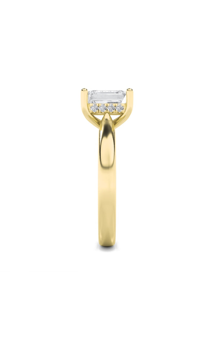 2Cttw Emerald Shaped Lab Grown Diamond (F/VS) Hidden Halo Cathedral Shank Engagement Ring in 14K Gold