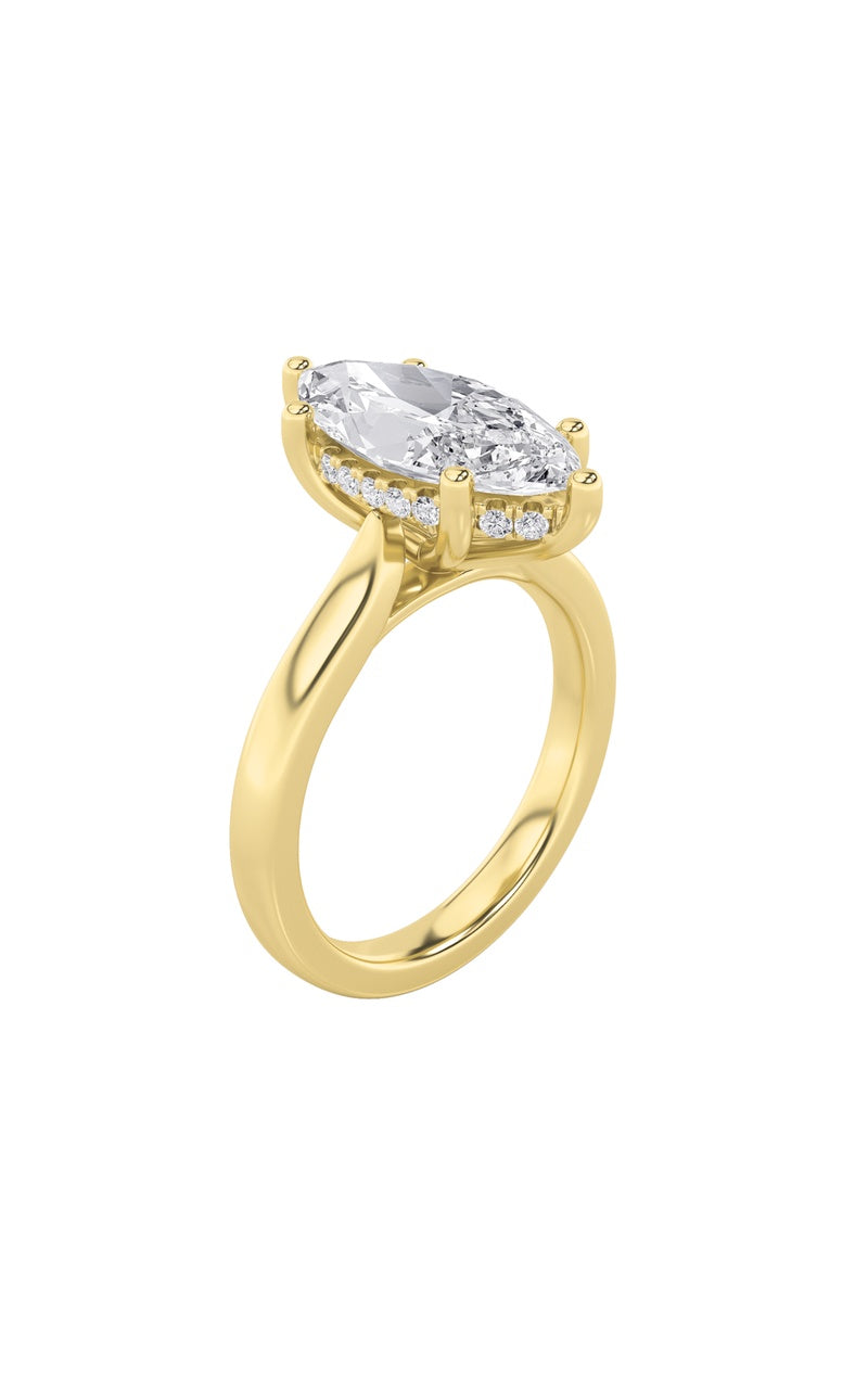 2Cttw Marquise Shaped Lab Grown Diamond (F/VS) Hidden Halo Cathedral Shank Engagement Ring in 14K Gold