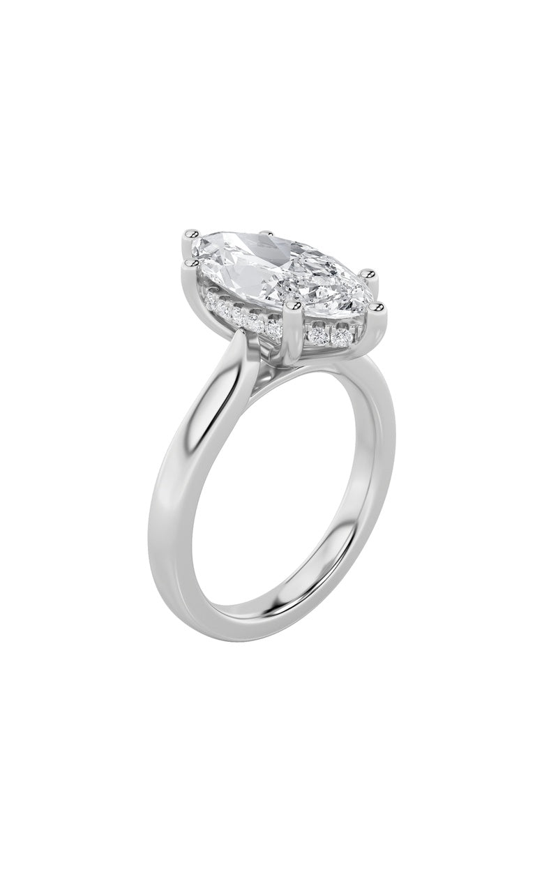 3Cttw Marquise Shaped Lab Grown Diamond (F/VS) Hidden Halo Cathedral Shank Engagement Ring in 14K Gold
