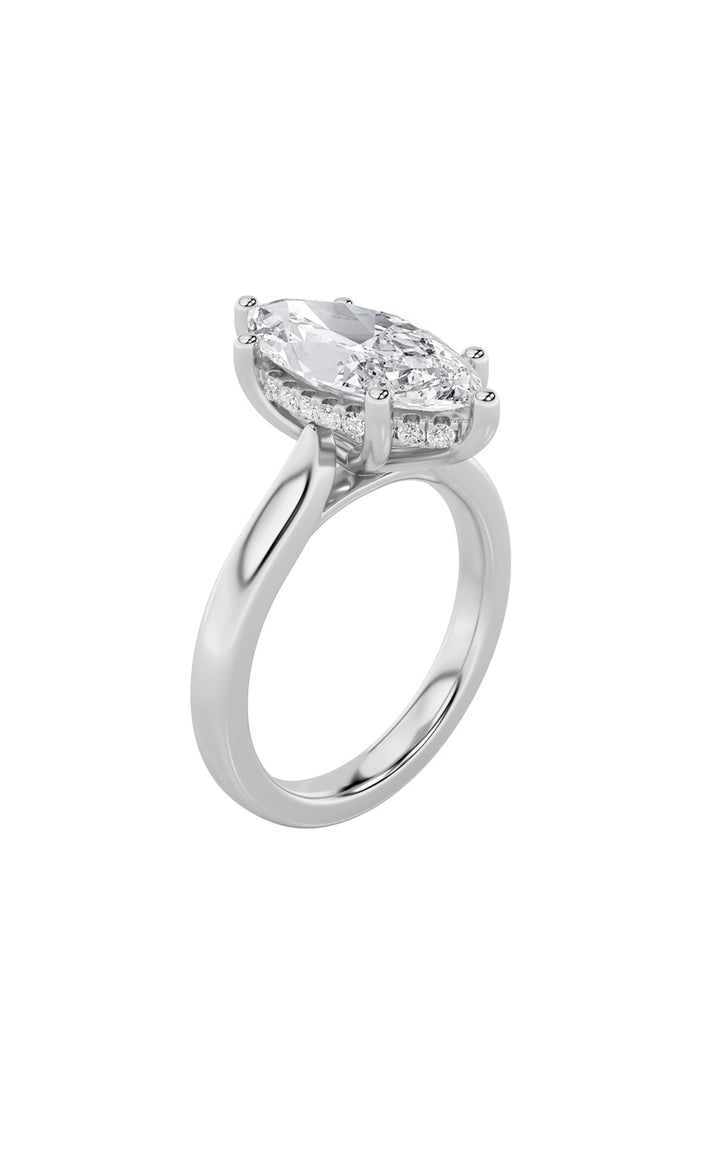 3Cttw Marquise Shaped Lab Grown Diamond (F/VS) Hidden Halo Cathedral Shank Engagement Ring in 14K Gold