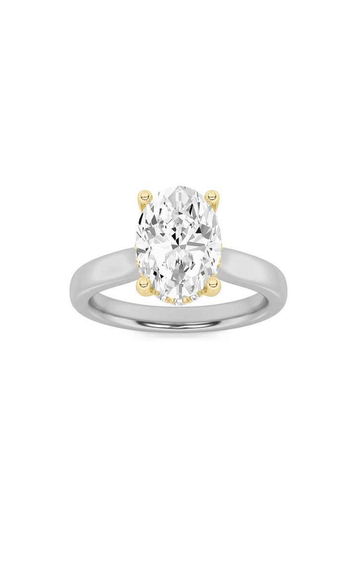 2CTW Oval Shaped Lab Grown Diamond (F/VS) Hidden Halo Cathedral Shank Engagement Ring in 14K Gold