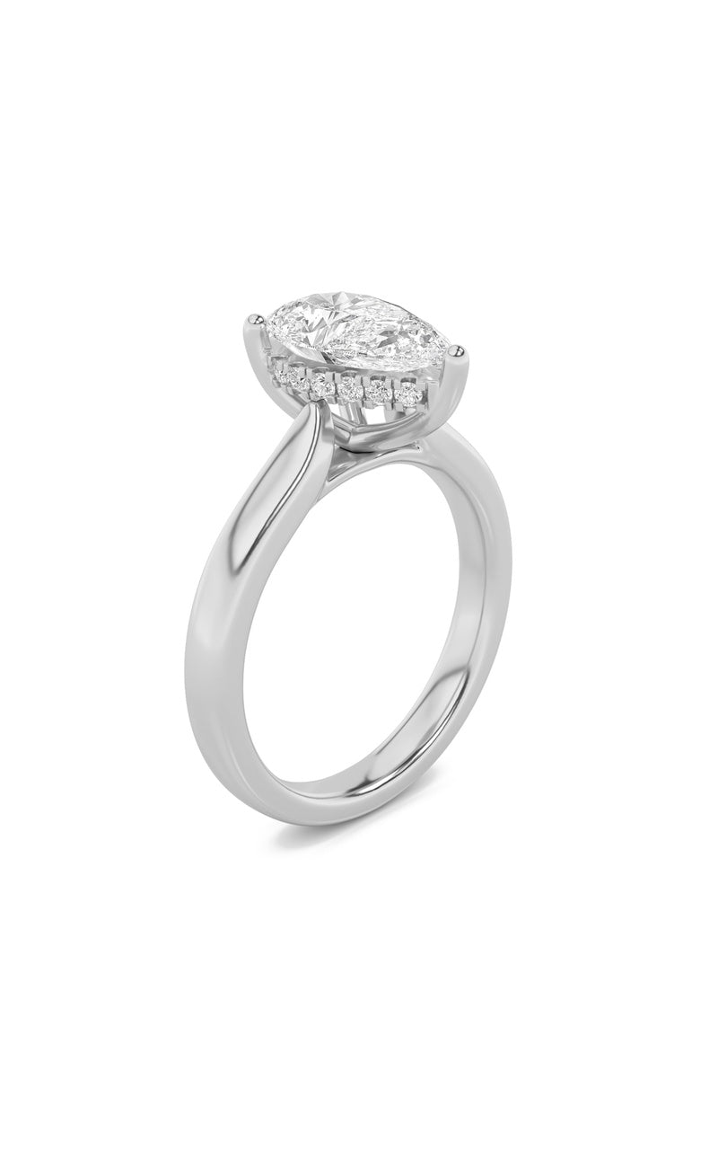 1Cttw Pear Shaped Lab Grown Diamond (F/VS) HiddenHalo Cathedral Shank Engagement Ring in 14K Gold