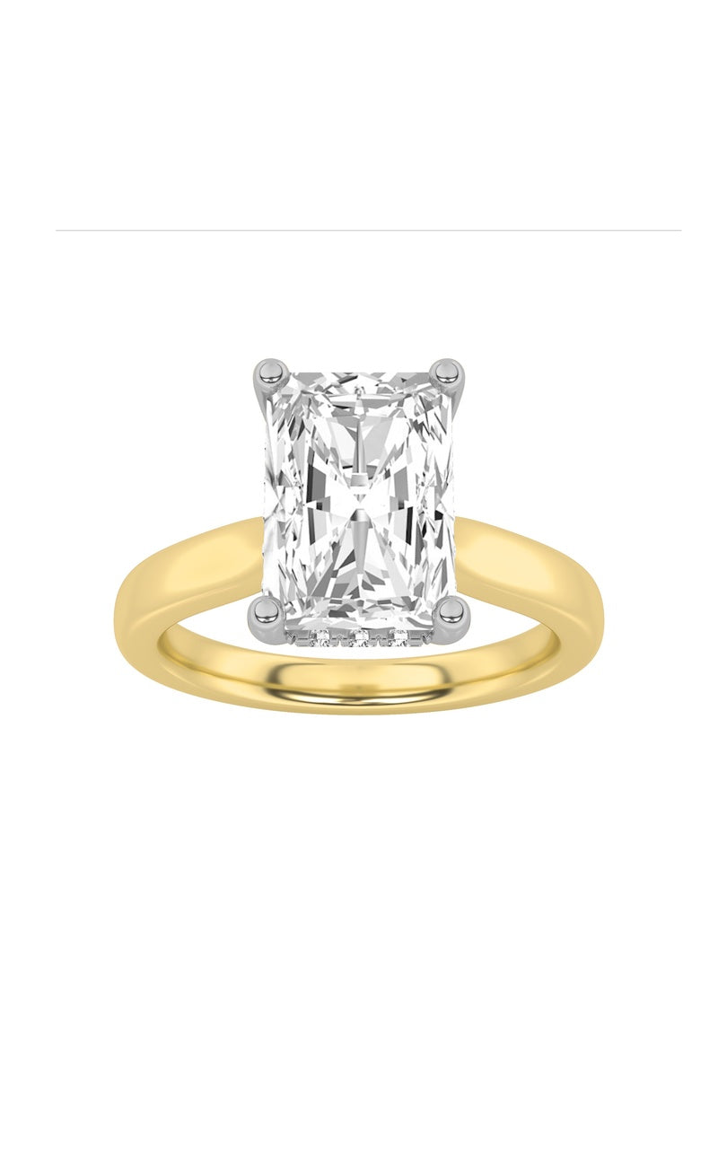 3Cttw Radiant Shaped Lab Grown Diamond (F/VVS) Hidden Halo Cathedral Shank Engagement Ring in 14K Gold