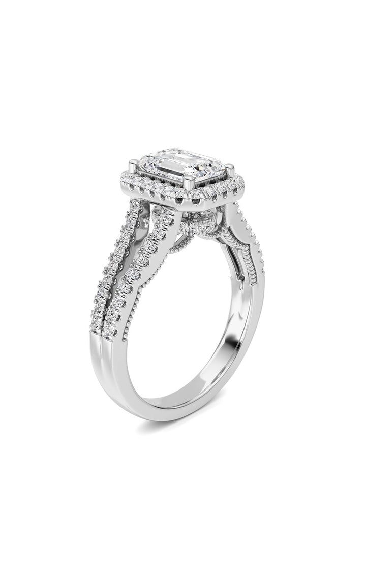 2Cttw Emerald Shaped Lab Grown Diamond (F/VS) Split shank Accented Ring in 14K Gold
