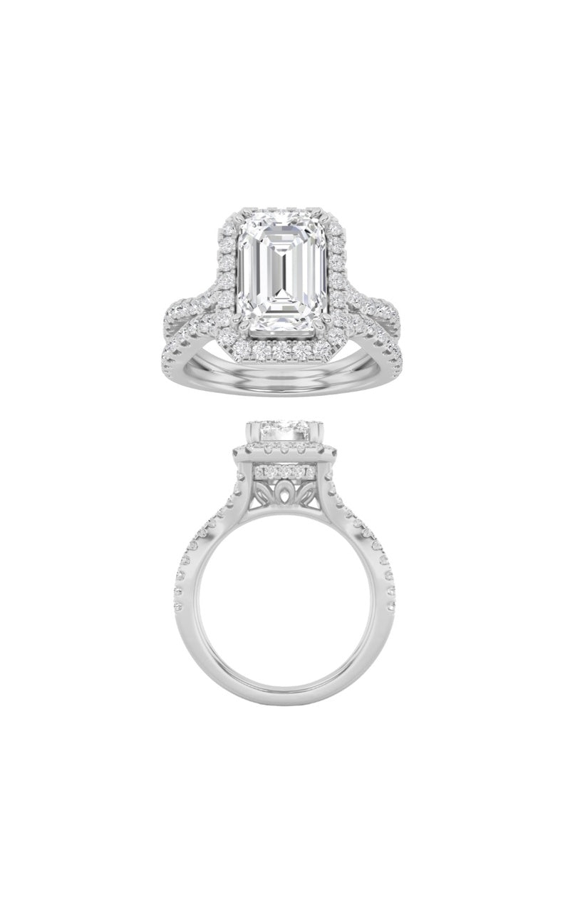 3Cttw Emerald Shaped Lab Grown Diamond (F/VS) Split shank Accented Ring in 14K Gold