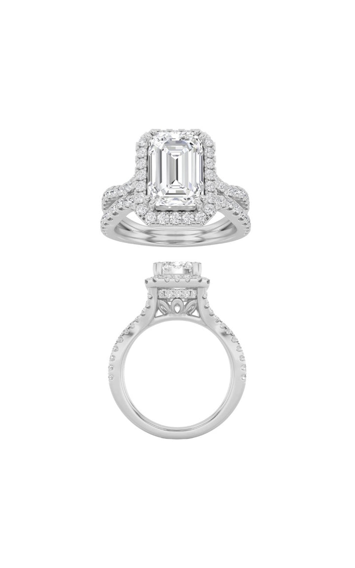 3Cttw Emerald Shaped Lab Grown Diamond (F/VS) Split shank Accented Ring in 14K Gold
