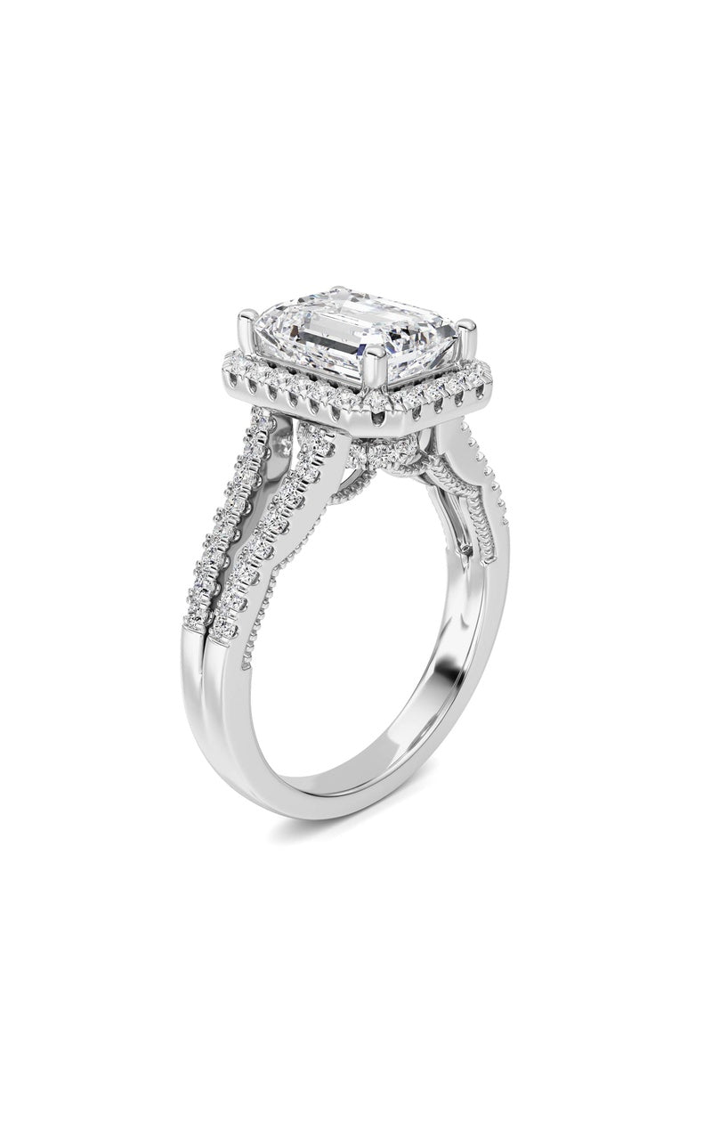 3Cttw Emerald Shaped Lab Grown Diamond (F/VS) Split shank Accented Ring in 14K Gold