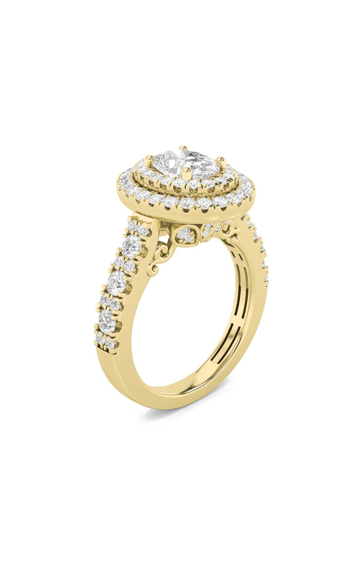 2CTW Oval Shaped Lab Grown Diamond (F/VS) Double Halo Engagement Ring in 14K Gold