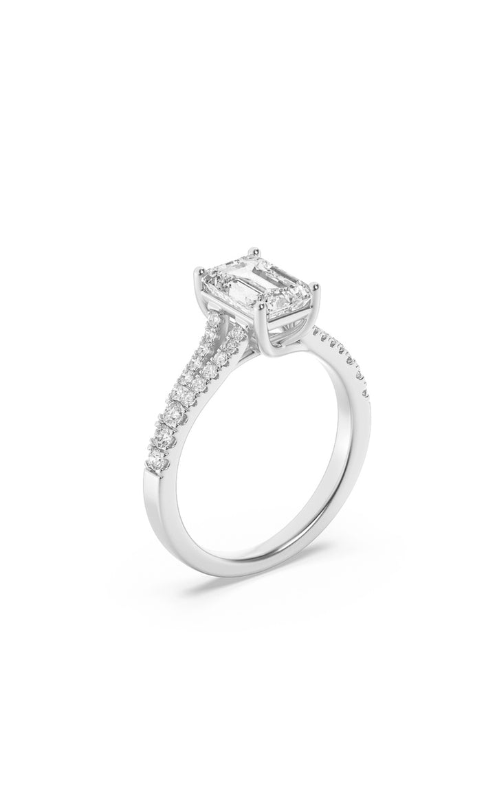 4Cttw Emerald Shaped Lab Grown Diamond (F/VS) Split Shank Trellis Engagement Ring in 14K Gold