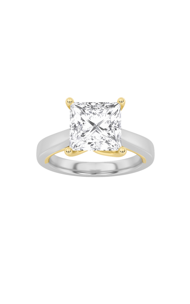 3Cttw Princess Shaped Lab Grown Diamond (F/VS) Two Tone Twisted Basket Cathedral Shank Solitaire Ring in 14K Gold