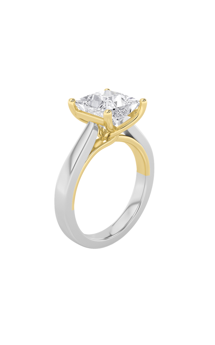 3Cttw Princess Shaped Lab Grown Diamond (F/VS) Two Tone Twisted Basket Cathedral Shank Solitaire Ring in 14K Gold
