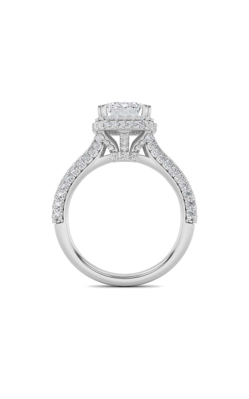 3Cttw Emerald Shaped Lab Grown Diamond (F/VS) Halo Accented Engagement Ring in 14K Gold