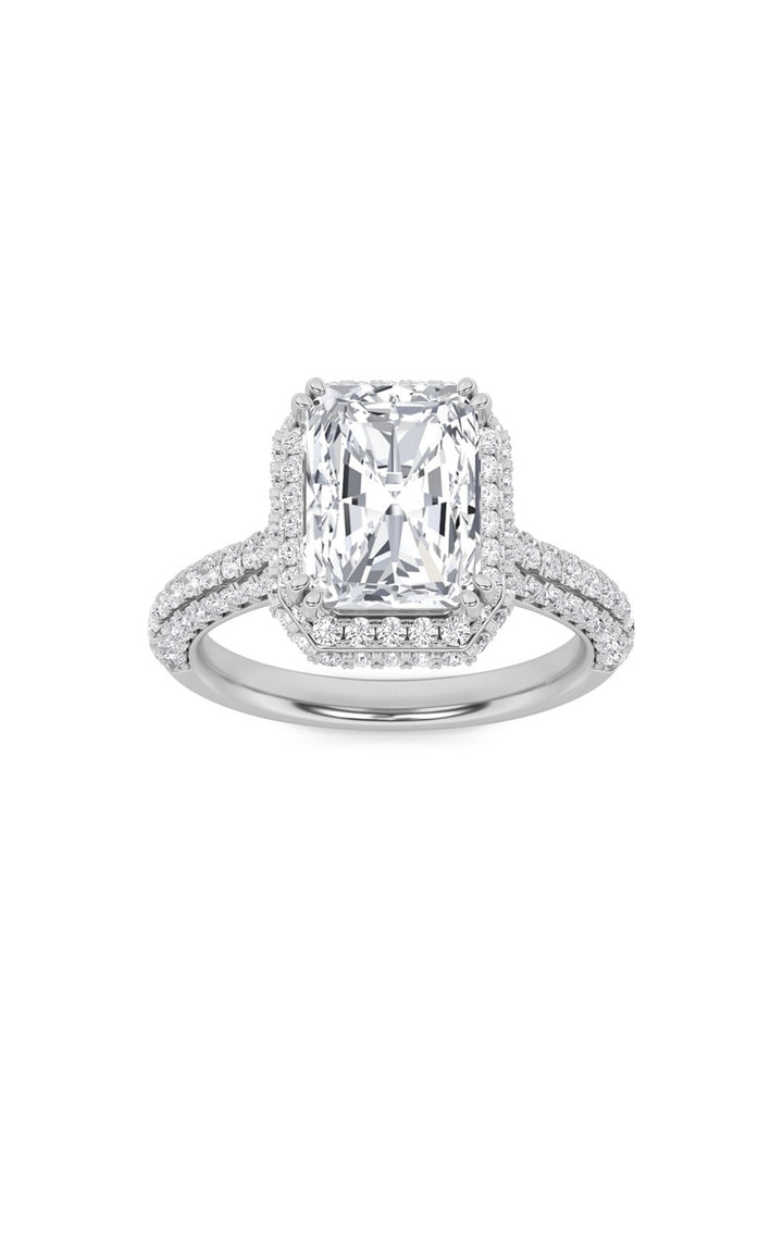 3Cttw Radiant Shaped Lab Grown Diamond (F/VS) Halo Accented Engagement Ring in 14K Gold