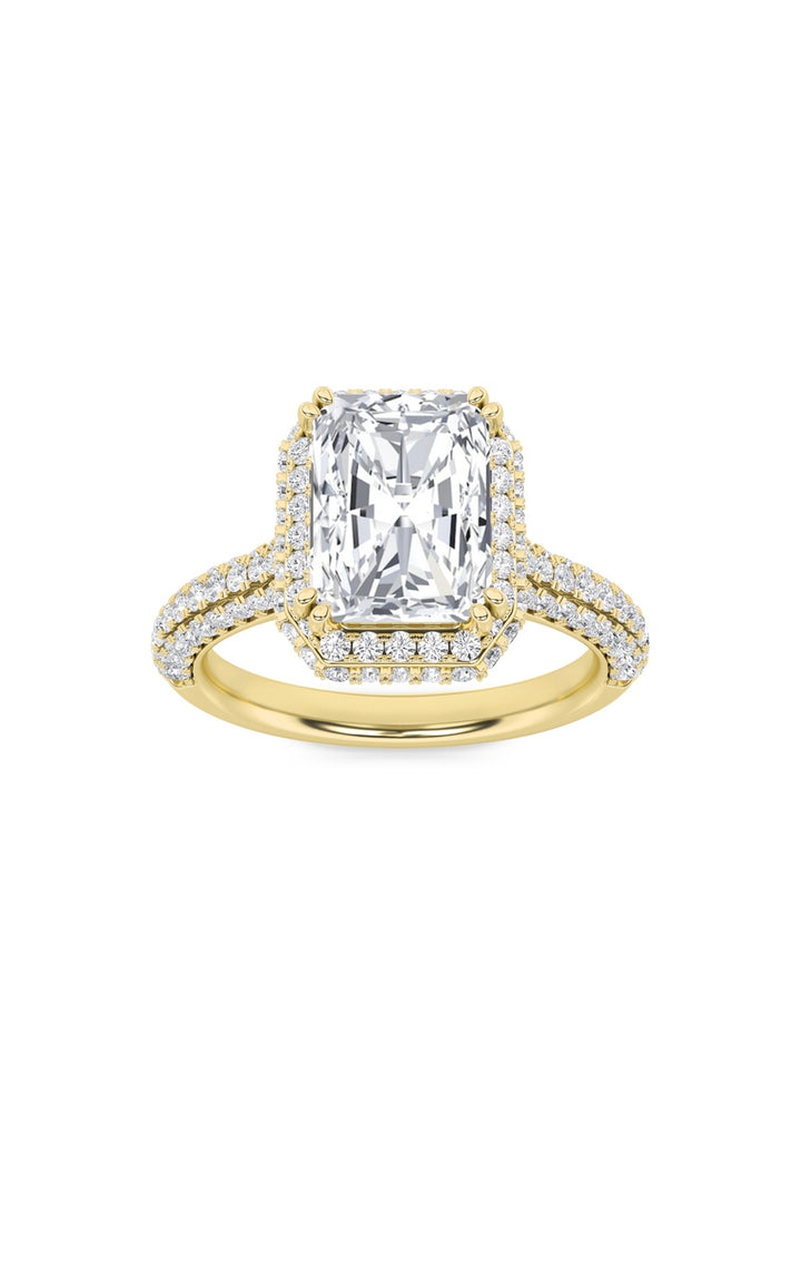 3Cttw Radiant Shaped Lab Grown Diamond (F/VS) Halo Accented Engagement Ring in 14K Gold