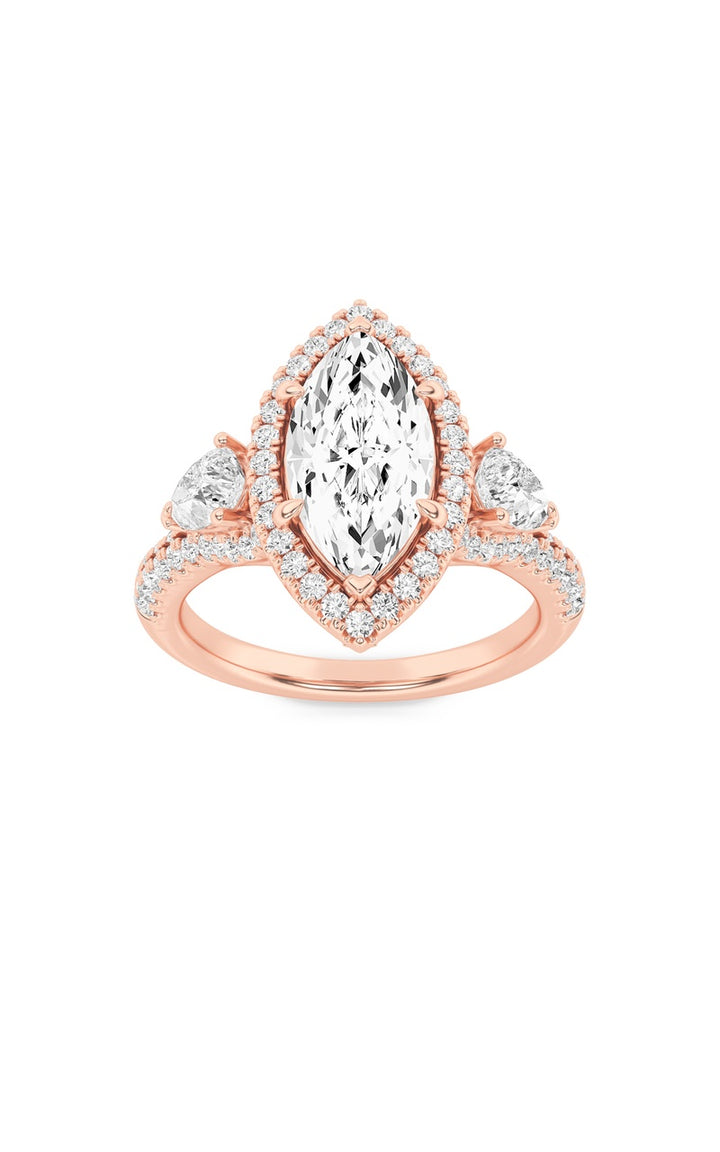 3Cttw Marquise Shaped Lab Grown Diamond (F/VS) Three Stone Bold Accented Engagement Ring in 14K Gold