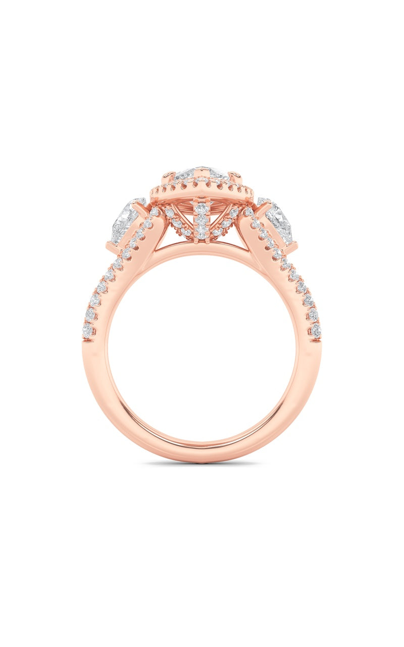 3Cttw Marquise Shaped Lab Grown Diamond (F/VS) Three Stone Bold Accented Engagement Ring in 14K Gold