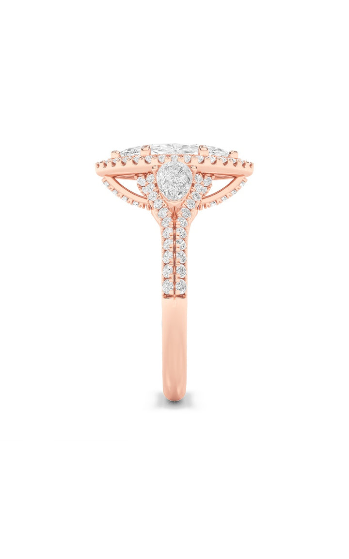 3Cttw Marquise Shaped Lab Grown Diamond (F/VS) Three Stone Bold Accented Engagement Ring in 14K Gold