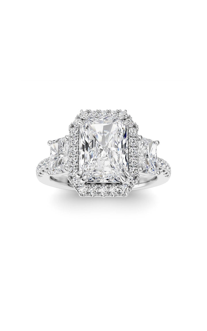 3Cttw Radiant Shaped Lab Grown Diamond (F/VS) Accented Three Stone Ring in 14K Gold