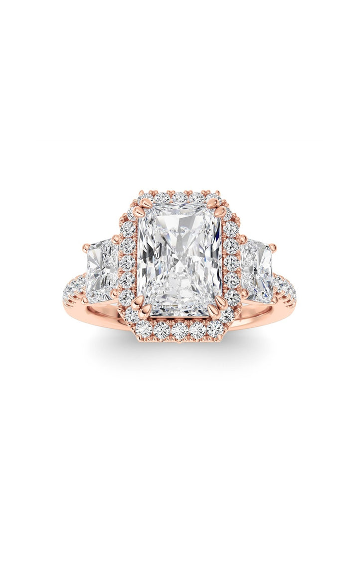 3Cttw Radiant Shaped Lab Grown Diamond (F/VS) Accented Three Stone Ring in 14K Gold