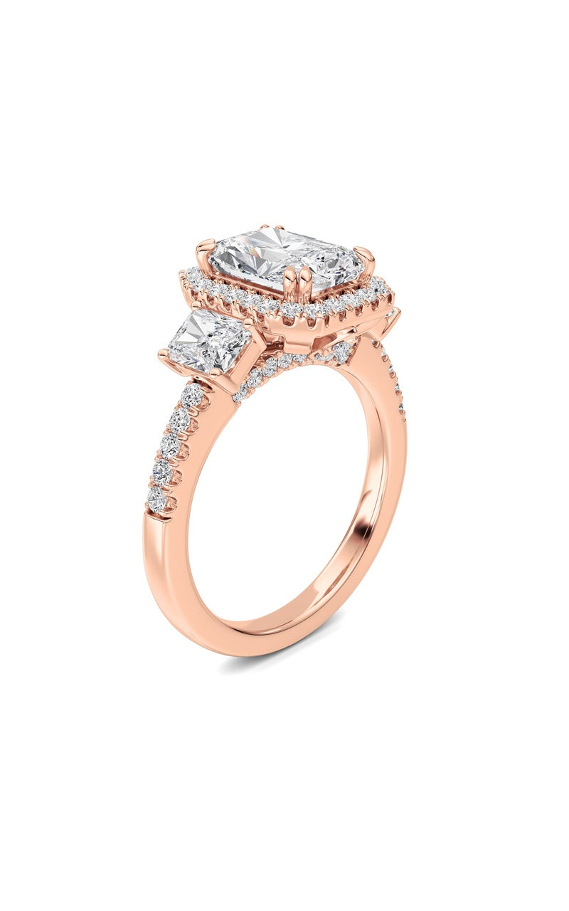 3Cttw Radiant Shaped Lab Grown Diamond (F/VS) Accented Three Stone Ring in 14K Gold