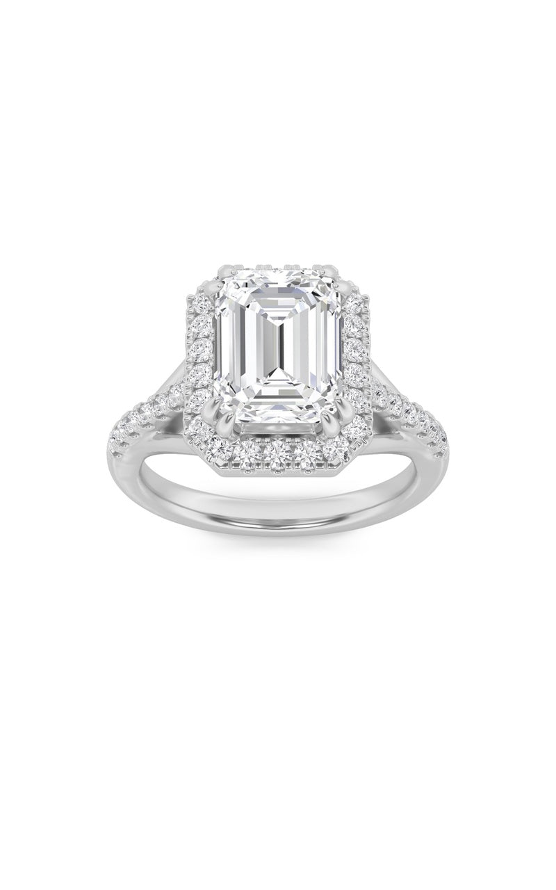 3Cttw Emerald Shaped Lab Grown Diamond (F/VS) Halo Accented Engagement Ring in 14K Gold