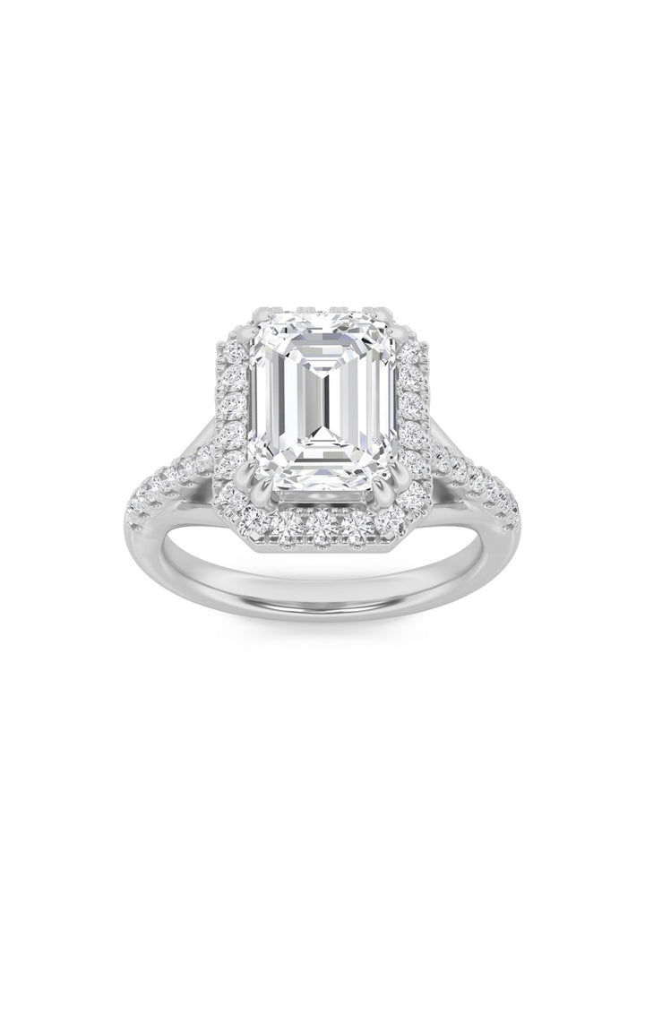 3Cttw Emerald Shaped Lab Grown Diamond (F/VS) Halo Accented Engagement Ring in 14K Gold