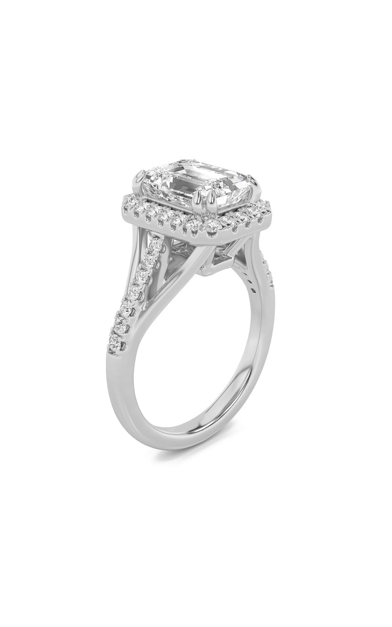 3Cttw Emerald Shaped Lab Grown Diamond (F/VS) Halo Accented Engagement Ring in 14K Gold