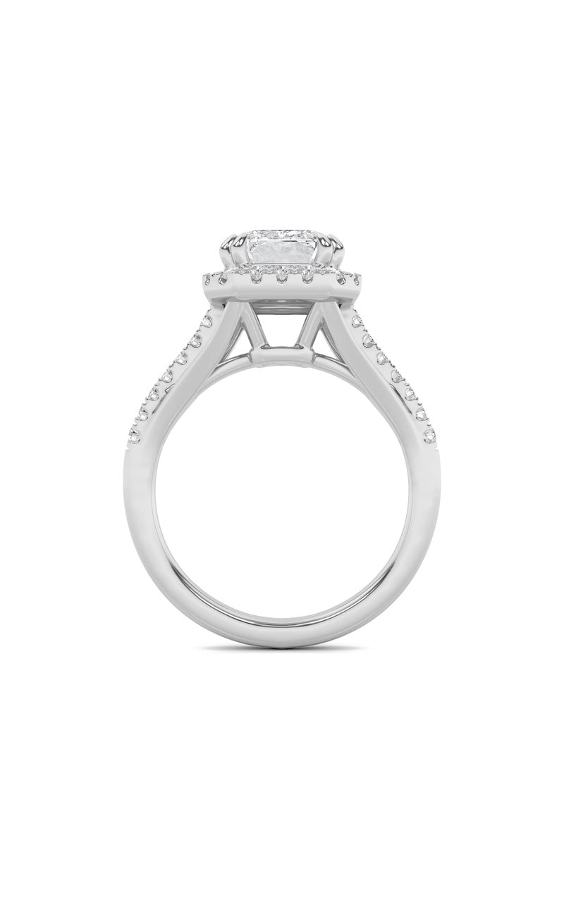 3Cttw Emerald Shaped Lab Grown Diamond (F/VS) Halo Accented Engagement Ring in 14K Gold