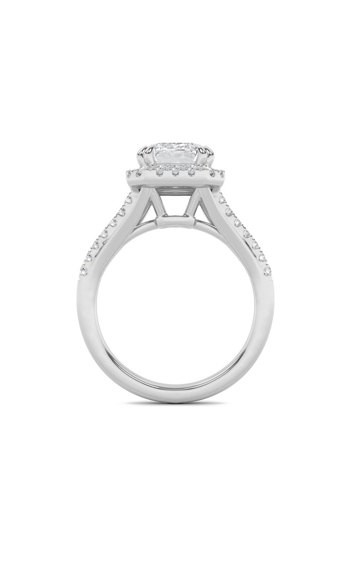 3Cttw Emerald Shaped Lab Grown Diamond (F/VS) Halo Accented Engagement Ring in 14K Gold