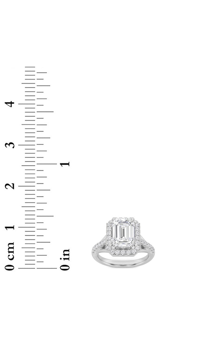 3Cttw Emerald Shaped Lab Grown Diamond (F/VS) Halo Accented Engagement Ring in 14K Gold