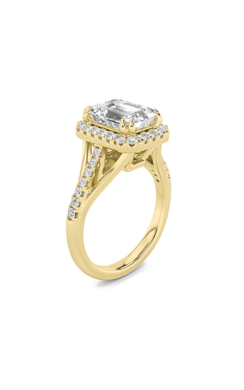 3Cttw Emerald Shaped Lab Grown Diamond (F/VS) Halo Accented Engagement Ring in 14K Gold