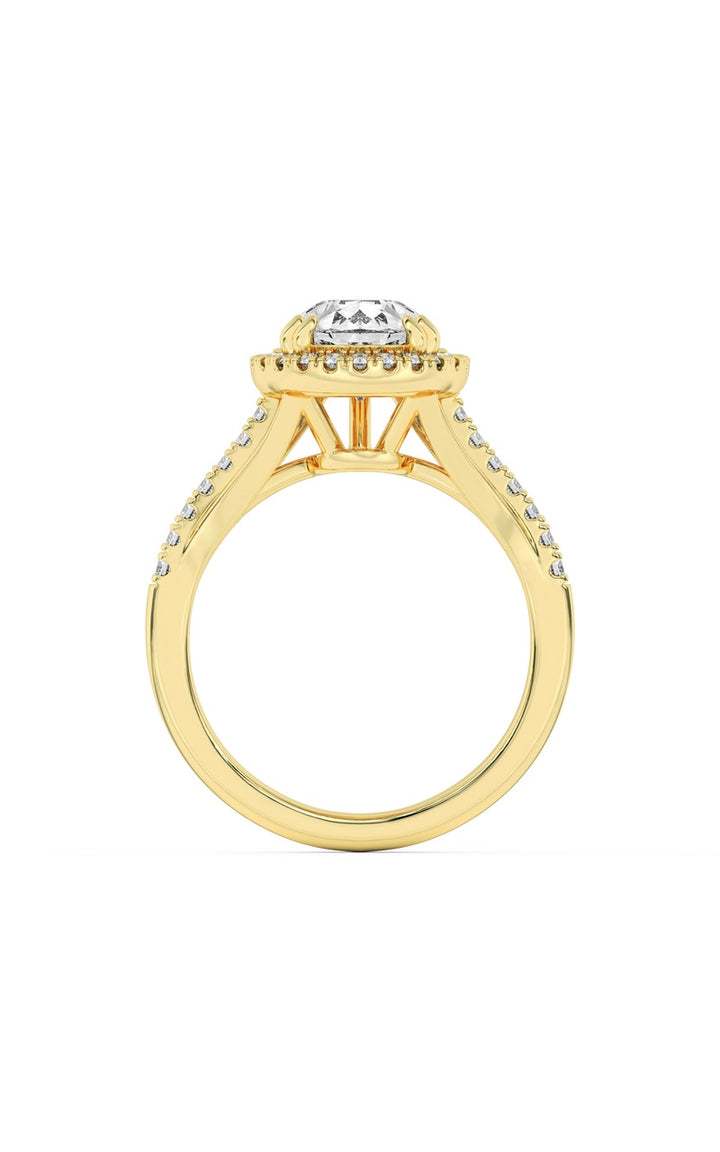 3Cttw Pear Shaped Lab Grown Diamond (F/VS) Halo Accented Engagement Ring in 14K Gold