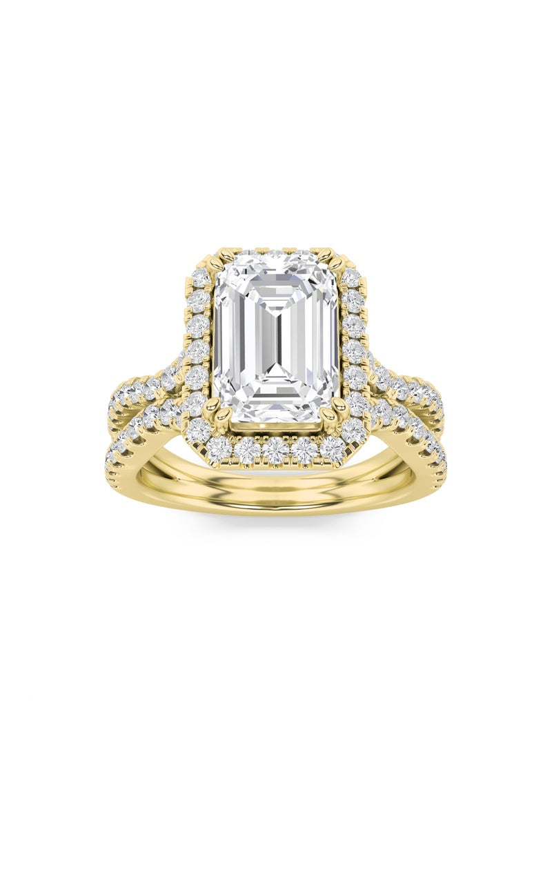 4Cttw Emerald Shaped Lab Grown Diamond (F/VS) Split Shank Halo Engagement Ring in 14K Gold