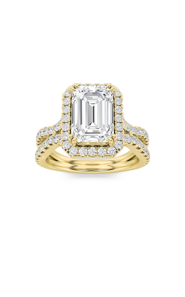 4Cttw Emerald Shaped Lab Grown Diamond (F/VS) Split Shank Halo Engagement Ring in 14K Gold
