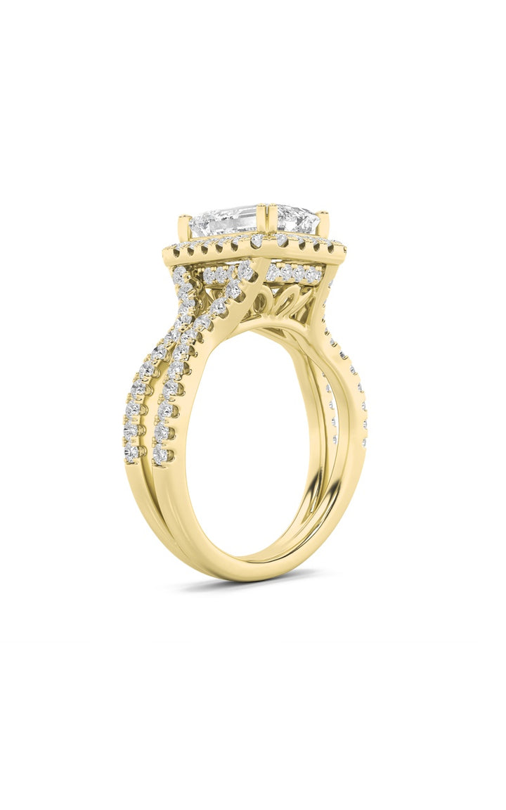 4Cttw Emerald Shaped Lab Grown Diamond (F/VS) Split Shank Halo Engagement Ring in 14K Gold