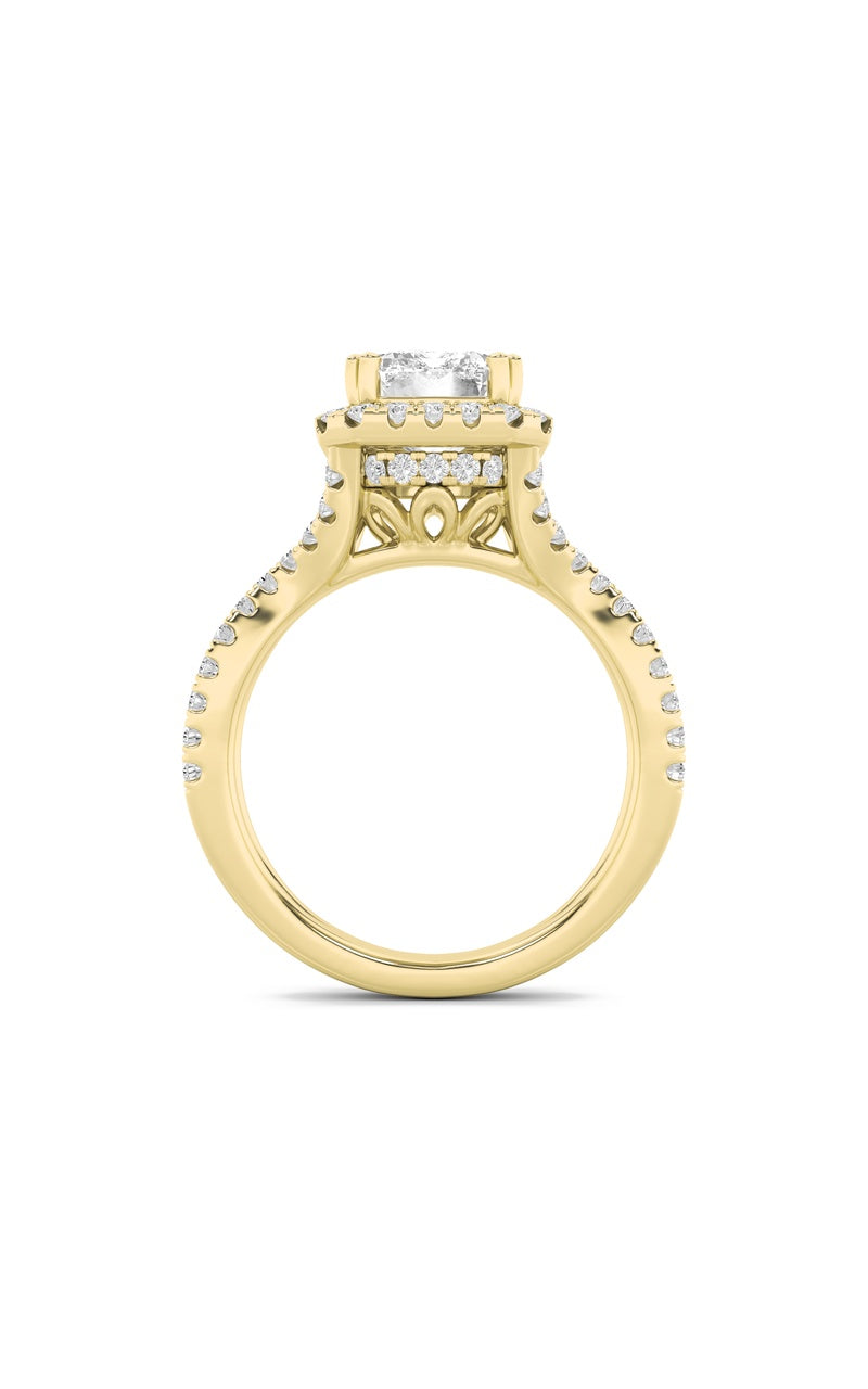 4Cttw Emerald Shaped Lab Grown Diamond (F/VS) Split Shank Halo Engagement Ring in 14K Gold