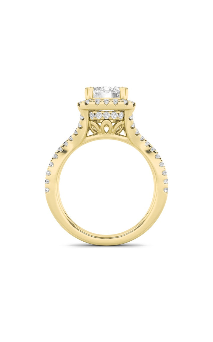 4Cttw Emerald Shaped Lab Grown Diamond (F/VS) Split Shank Halo Engagement Ring in 14K Gold