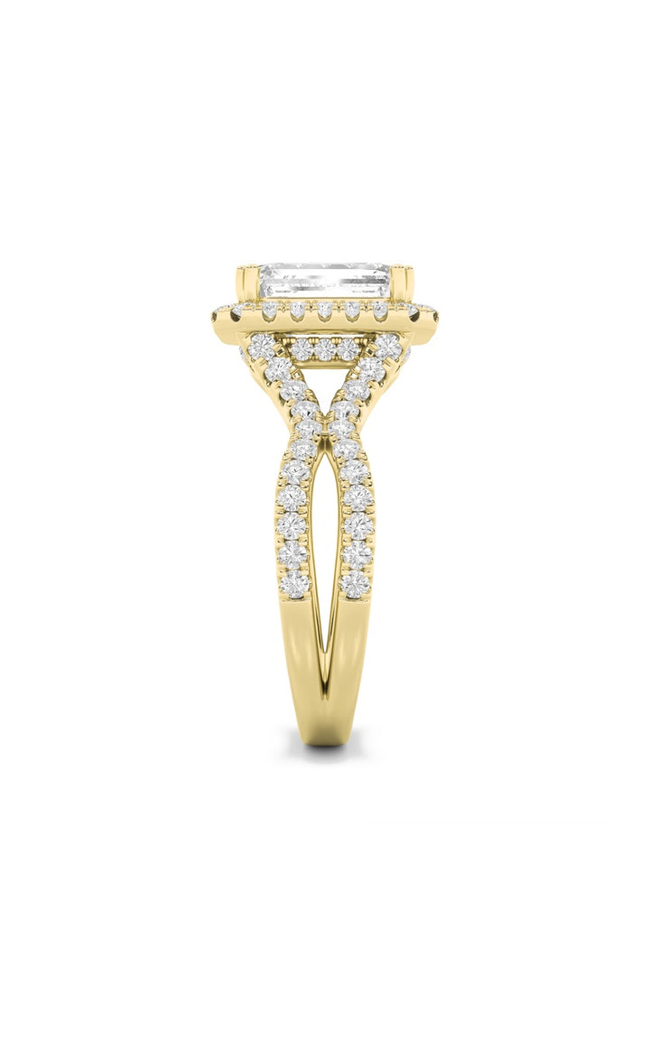 4Cttw Emerald Shaped Lab Grown Diamond (F/VS) Split Shank Halo Engagement Ring in 14K Gold