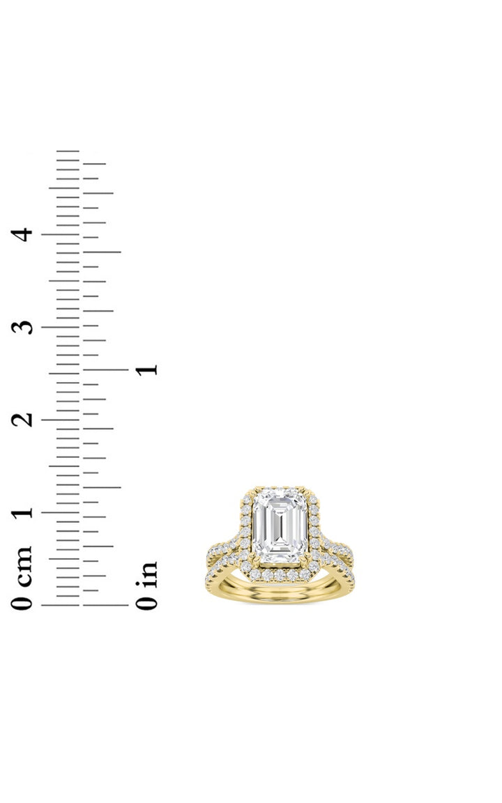4Cttw Emerald Shaped Lab Grown Diamond (F/VS) Split Shank Halo Engagement Ring in 14K Gold