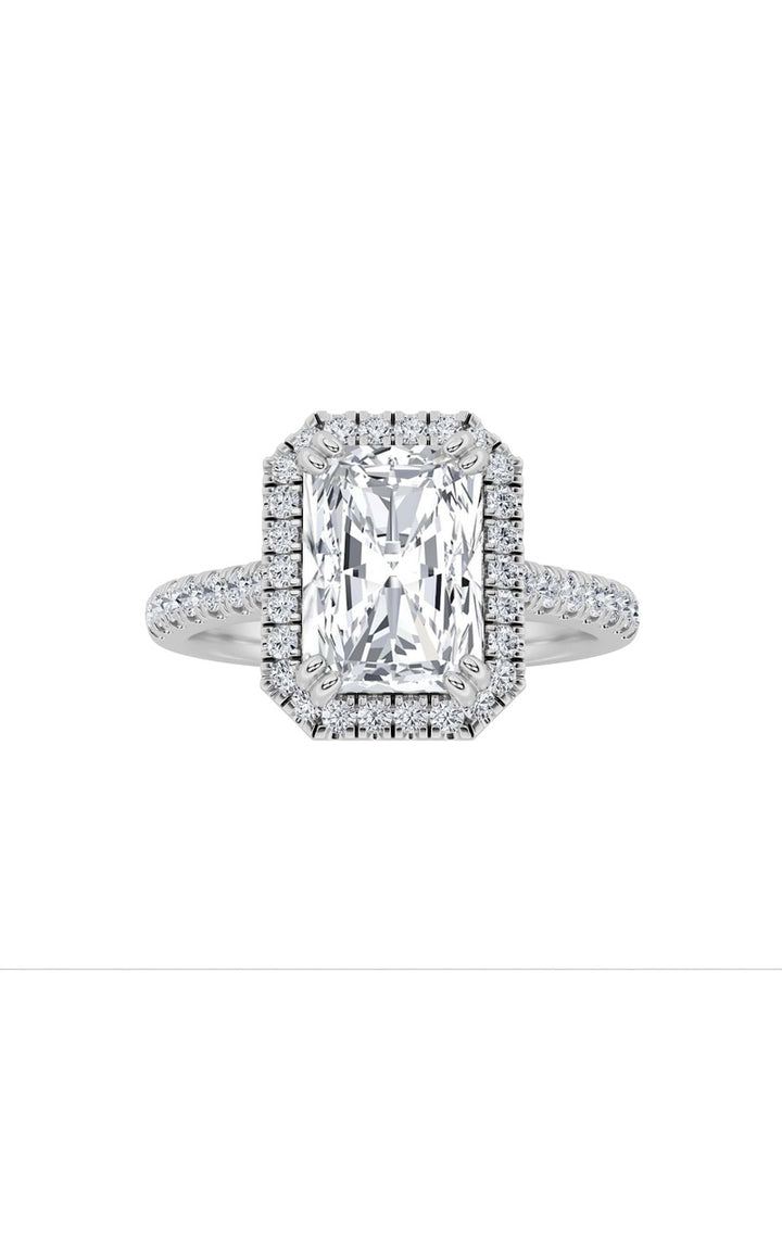 3Cttw Radiant Shaped Lab Grown Diamond (F/VS) Classic Halo Accented Engagement Ring in 14K Gold