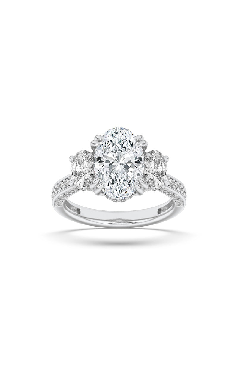 3Cttw Oval Shaped Lab Grown Diamond (F/VS) Three Stone Accented Engagement Ring in 14K Gold