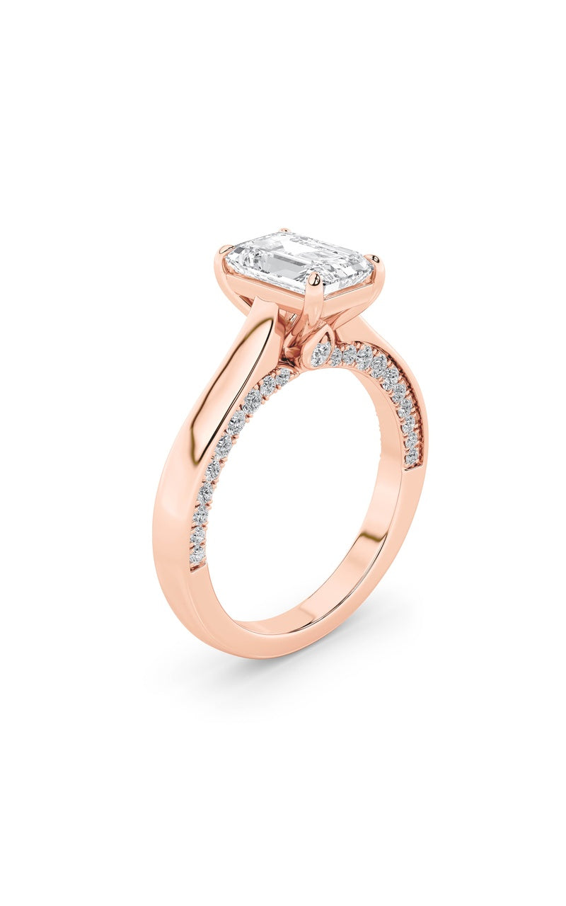2Cttw Emerald Shaped Lab Grown Diamond (G/VS) Accented Bridge Shank Engagement Ring in 14K Gold