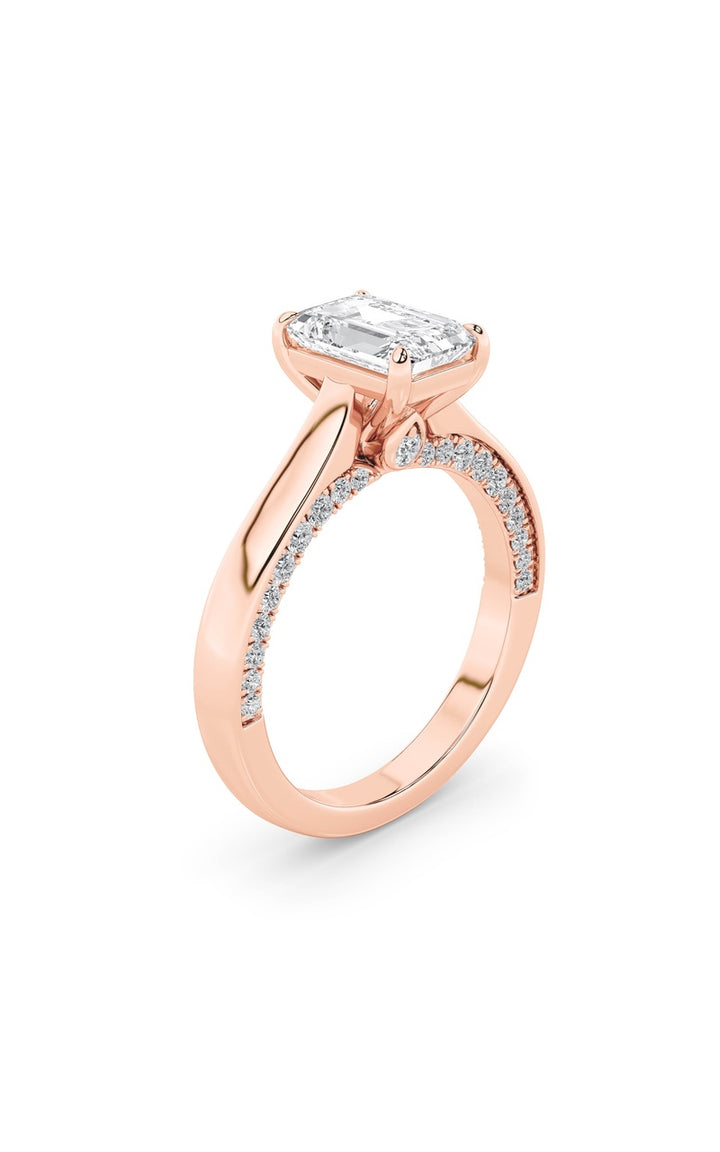 2Cttw Emerald Shaped Lab Grown Diamond (G/VS) Accented Bridge Shank Engagement Ring in 14K Gold