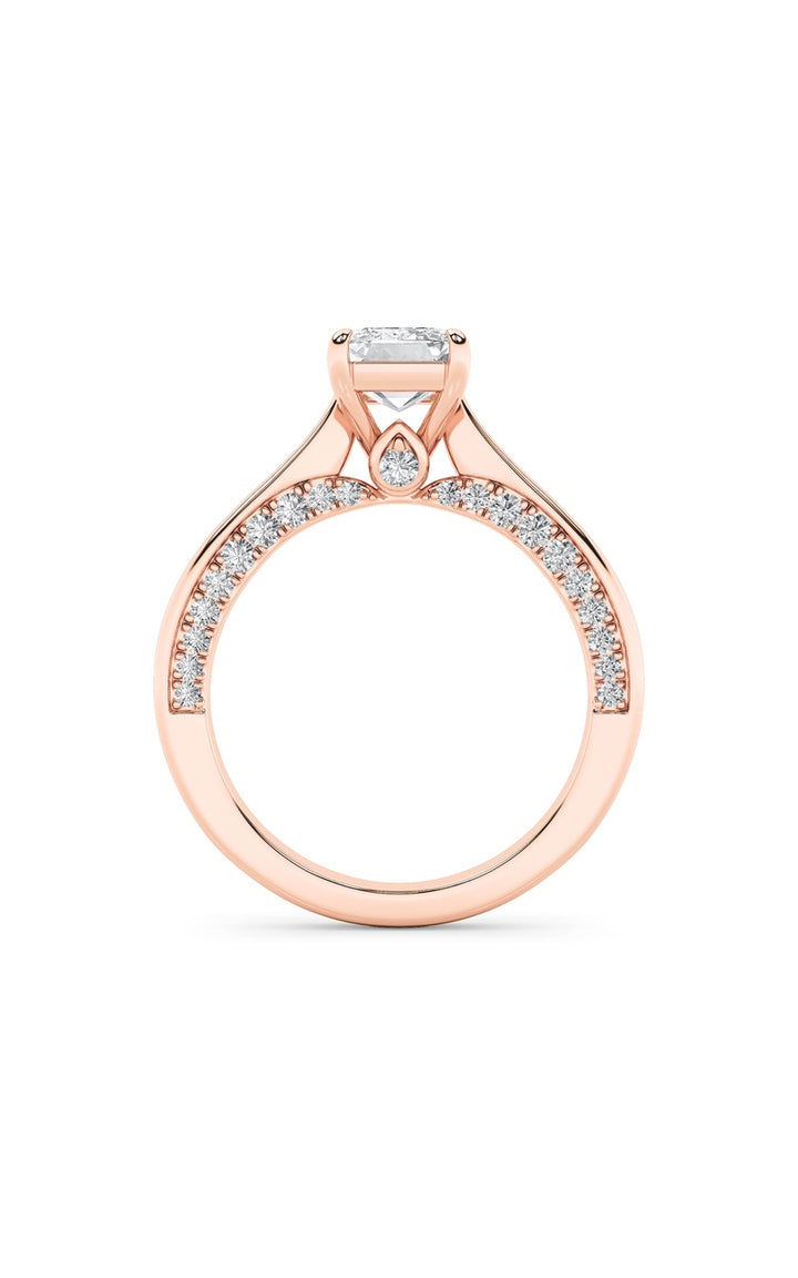 2Cttw Emerald Shaped Lab Grown Diamond (G/VS) Accented Bridge Shank Engagement Ring in 14K Gold