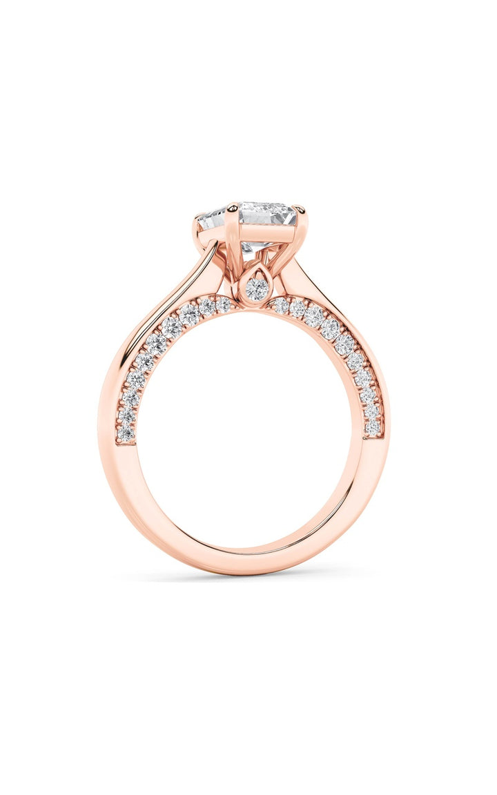 2Cttw Emerald Shaped Lab Grown Diamond (G/VS) Accented Bridge Shank Engagement Ring in 14K Gold