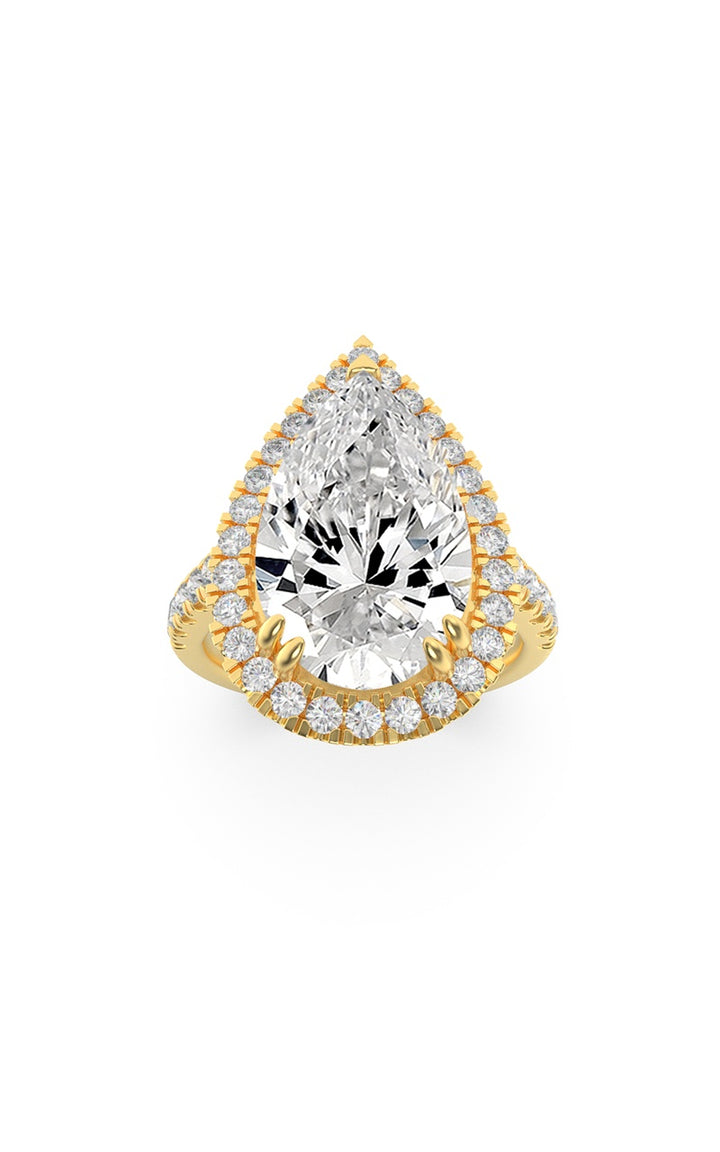 3Cttw Pear Shaped Lab Grown Diamond (F/VS) Bolld Accented Halo Engagement Ring in 14K Gold